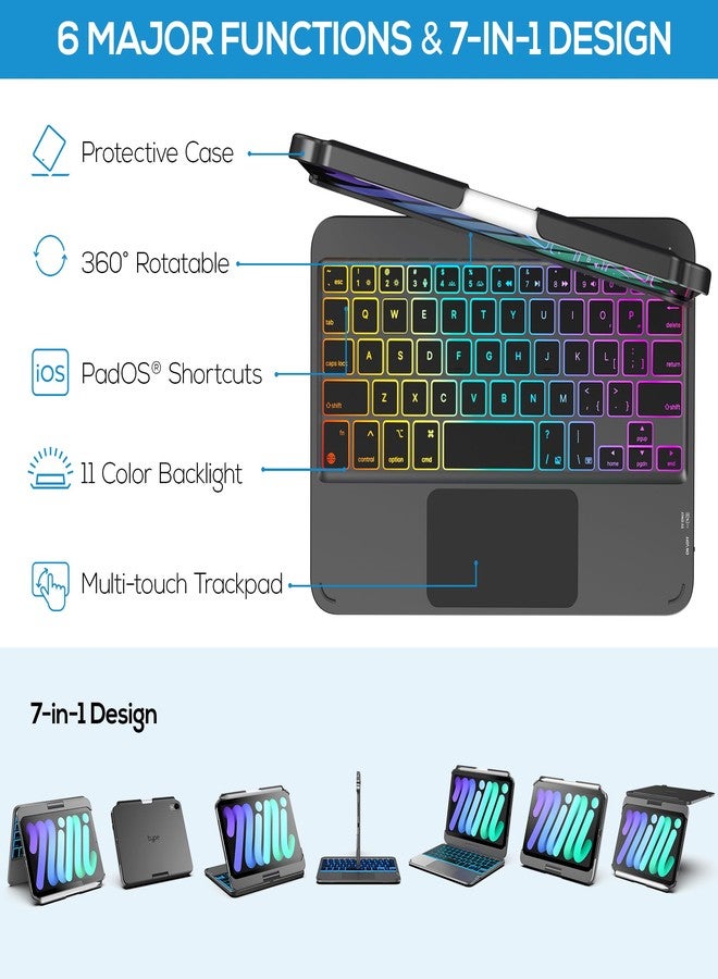 typecase غطاء لوحة مفاتيح من تايب كيس لجهاز آيباد ميني 7 (2024) وميني 6 (2021) - غطاء لاسلكي مع لوحة مفاتيح لجهاز آيباد ميني الجيل السابع والسادس 8.3 بوصة - غطاء لوحة مفاتيح بإضاءة خلفية 10 ألوان مع لوحة لمس - رمادي داكن - Image 4